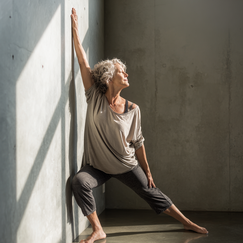 mature adult demonstrating yoga flexibility and strength in natural lighting