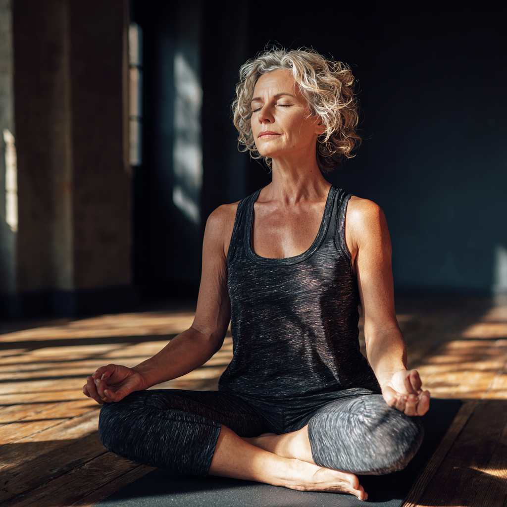 middle-aged woman practicing mindful meditation in serene studio environment